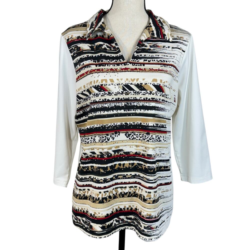 Zenergy Golf by Chico’s SZ 2 (Large) Top 3/4 Sleeves Collared V-Neck Stretch